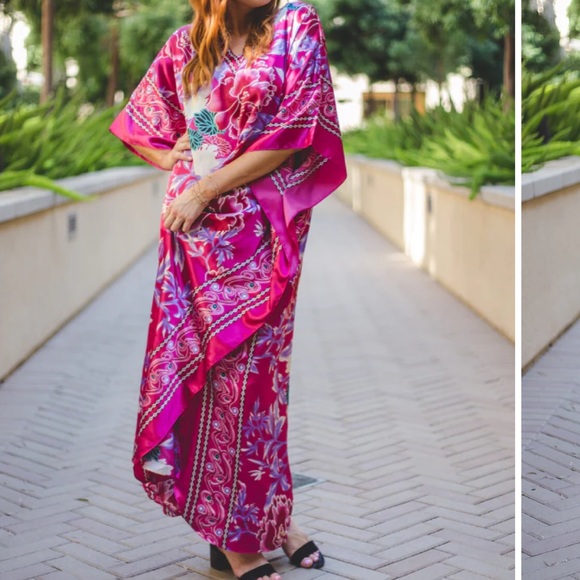 CARESS PINK FLORAL MIX S-4XL LOUNGE COVERUP ROBE RESORT MAXI GOWN DRESS KAFTAN - Picture 2 of 5
